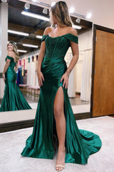 Rebecca | Mermaid Dark Green Off the Shoulder Lace Prom Dress Split with Train - Dark Green - PromDressClub